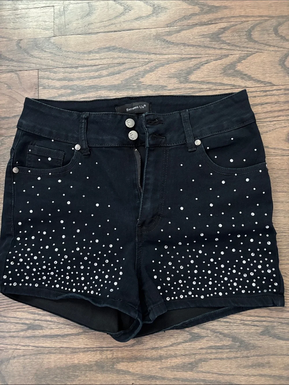 Black Rhinestone High-Rise Jean Shorts